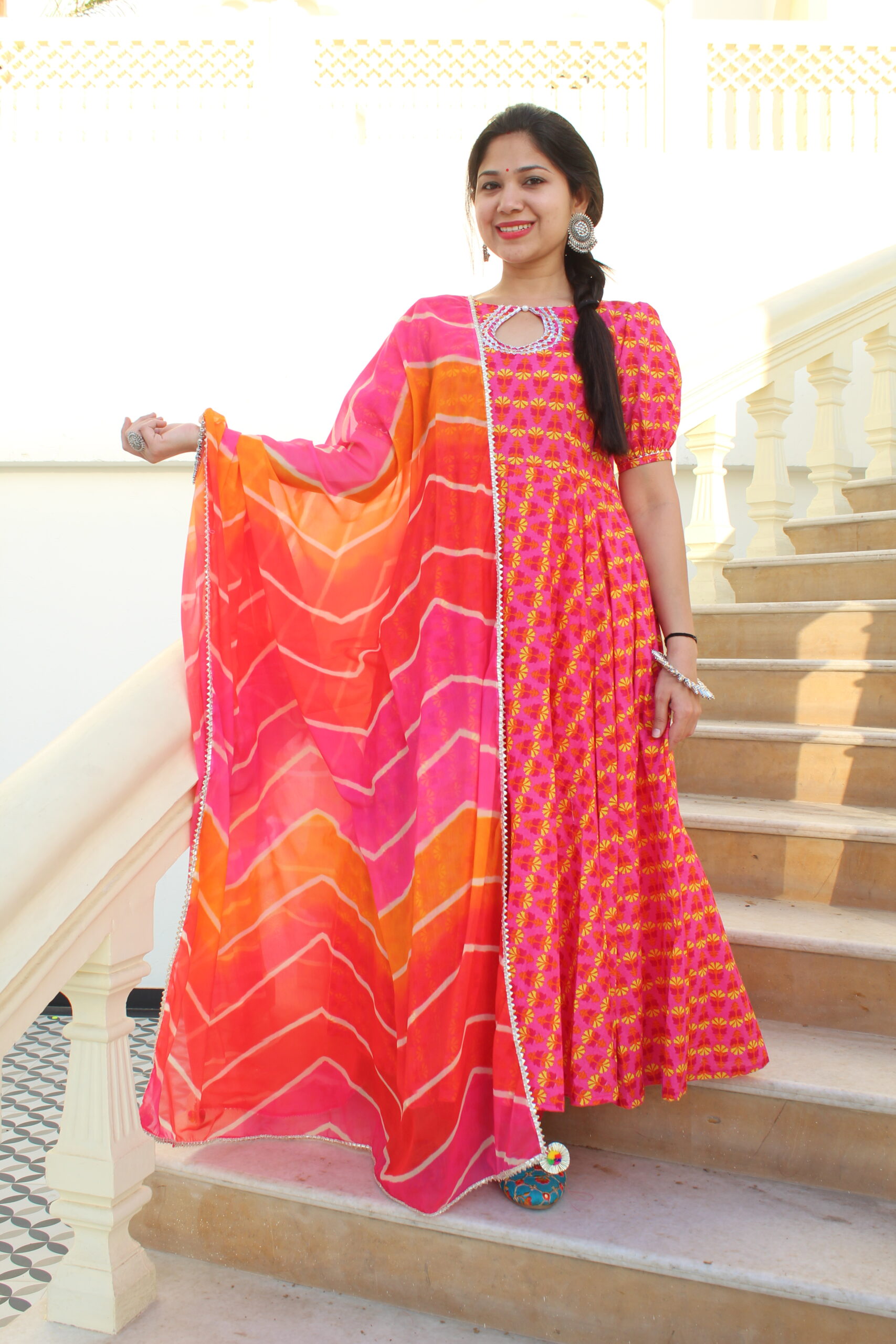 Gulabi Leher Cotton Anarkali