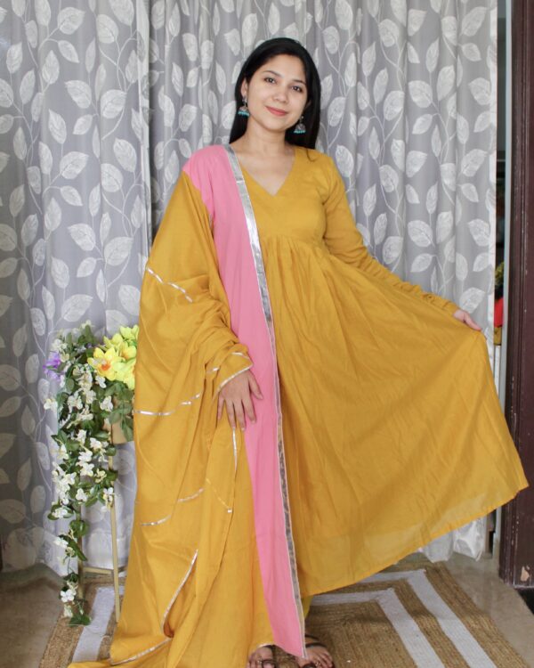 Mustard yellow Mulmul Cotton Anarkali
